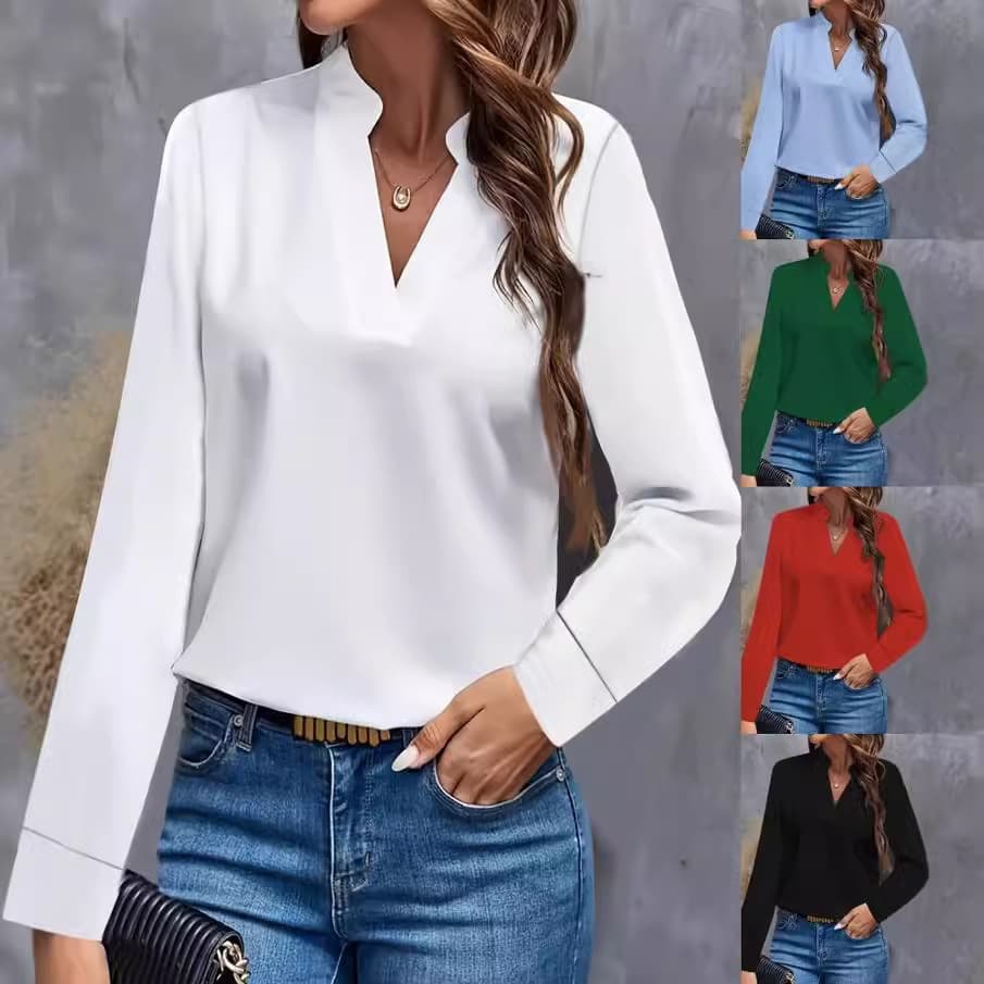 2024 independent station wish Amazon hot style autumn simple casual solid color V-neck loose shirt tops for women