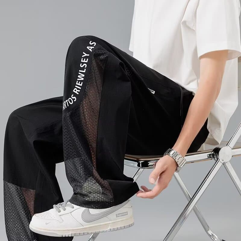 Men's pants casual trousers breathable summer mesh light and thin sports straight loose wide leg mesh men's pants
