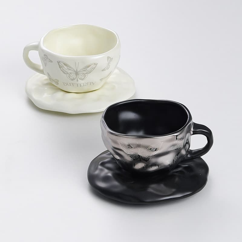 Creative Ceramic Electroplated Coffee Cup and Saucer, Hand-Pinched Coffee Cup, Large Capacity Coffee Cup, Breakfast Milk Cup, Sin Style Cup