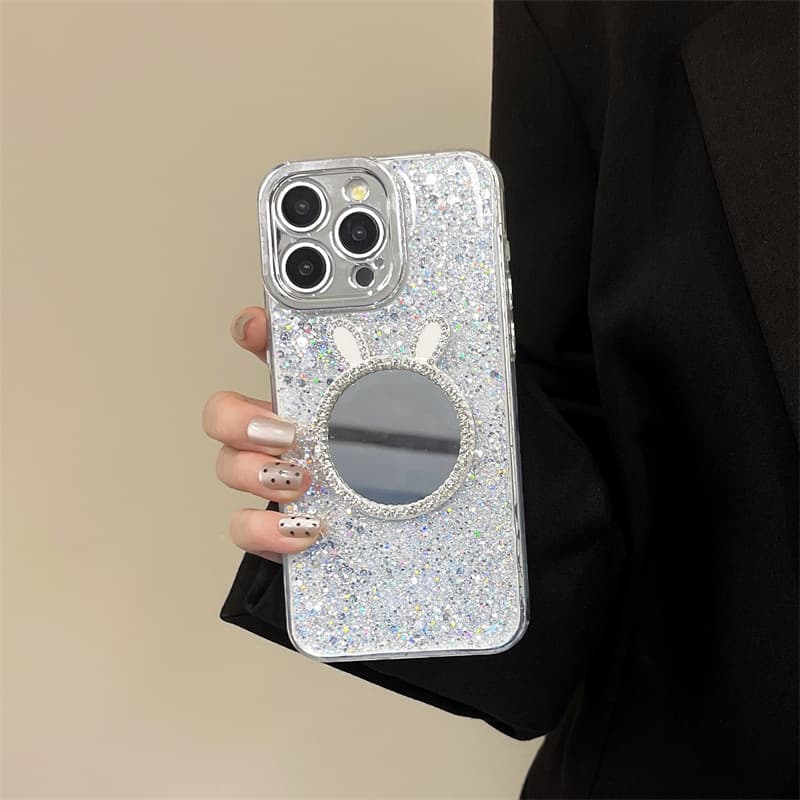 Compatible with iPhone 16 Pro Max Case, Epoxy Glitter 16 with Makeup Mirror, 15 Plus Shockproof Hard Shell, 13 Pro Max