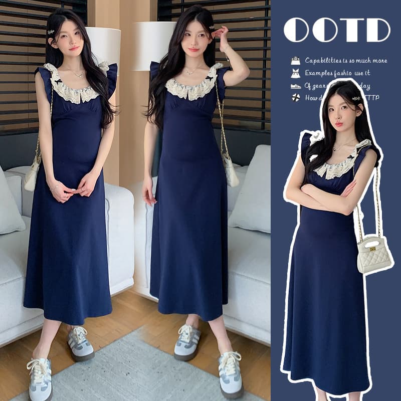 Maternity Dress Summer New Stylish Simple Lace Trim Pure Elegant Dress for Pregnant Women Designer Outfit