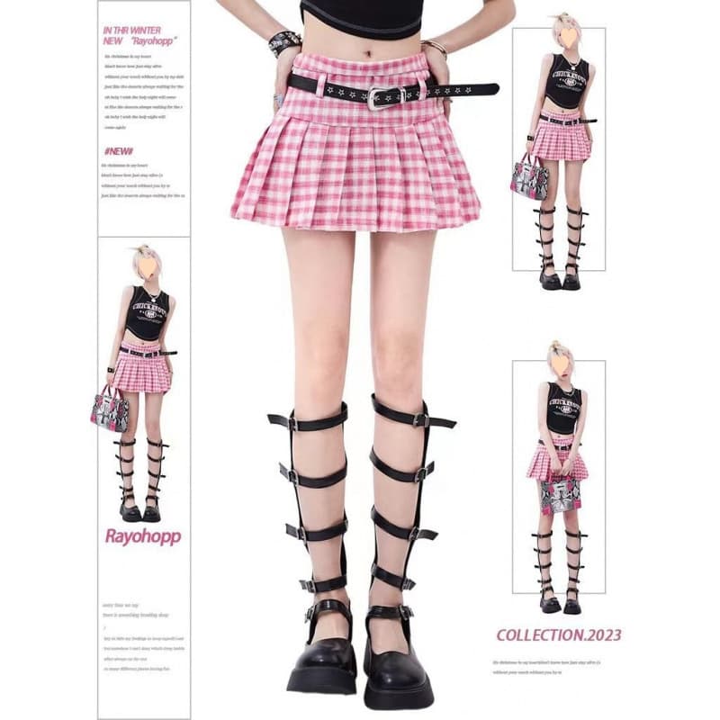 Pink plaid pleated skirt for women campus school sweet and cool niche high-waist A-line anti-flashing half-length short skirt matching.
