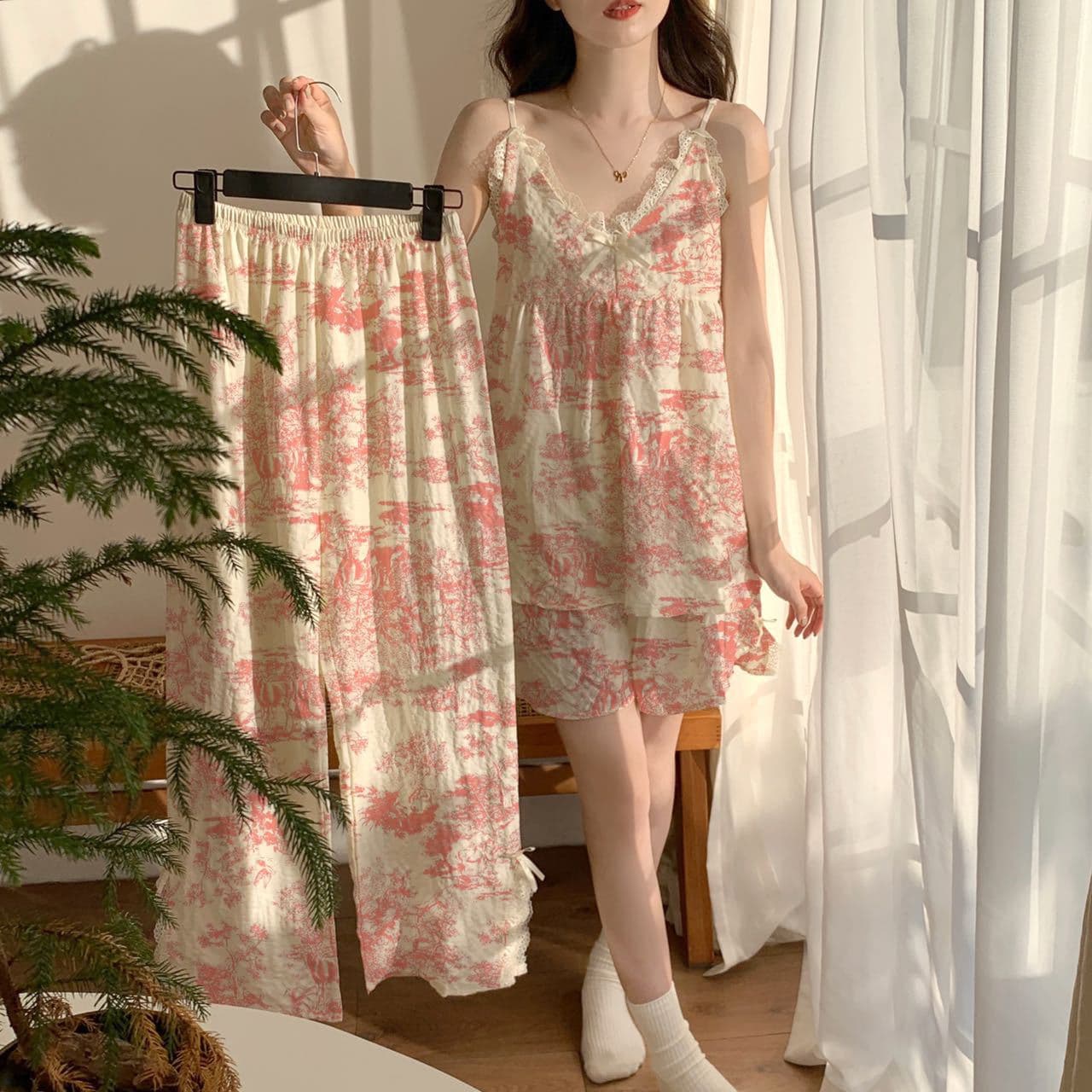 Monet Garden Three-Piece Set Sleepwear Strap Home Clothes Sexy Sweet Ink And Wash Drawings with Chest Pad Women's Nightgown