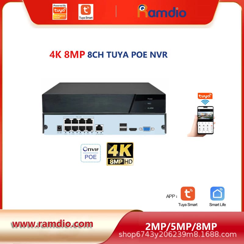 Tuya Smart 4-Channel 8MP POE ONVIF NVR Hard Drive Recorder, Preferred for Engineering Projects