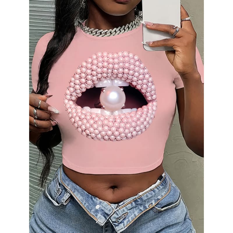 In Stock Lip Pearl Lip Pattern Design Print Round Neck T-Shirt Y2K Short Sleeve Crop Top Spring Summer