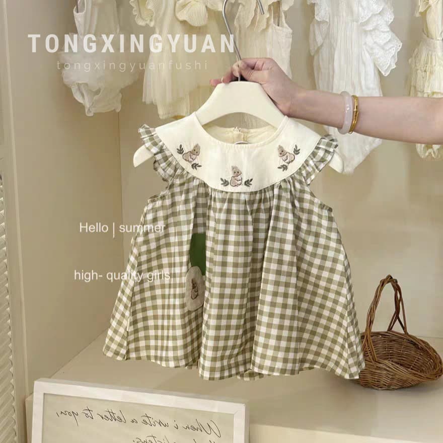 Tongxingyuan Korean Girl 2026 Summer New Rabbit Plaid Dress Baby Stylish Dress Korean Princess Dress