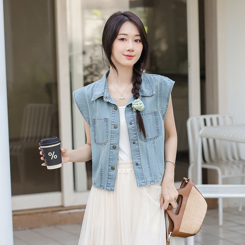 New Korean Style Flutter Sleeve Casual Retro Denim Short Sleeve High-End Design Niche Soft Denim Jacket Top