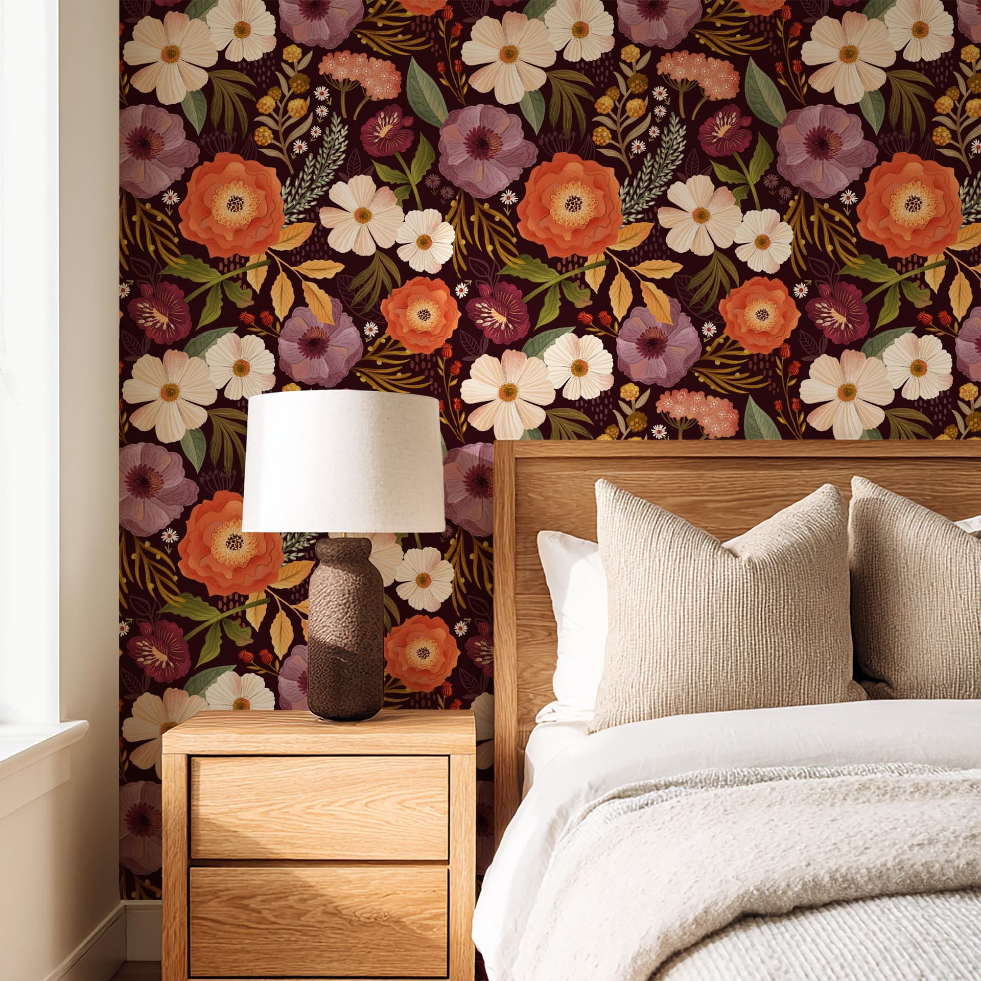 Maroon Fresh Bohemian Floral Wallpaper Four Seasons Flower Children's Room Self-Adhesive Hot Selling Export Wallpaper