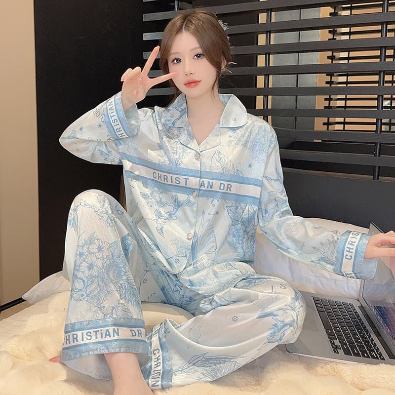 2025 New Double Long Suit Herringbone Jacquard Ice Silk Long Sleeve Long Pants Two-piece Set Soft Silk Pajamas Women's Single