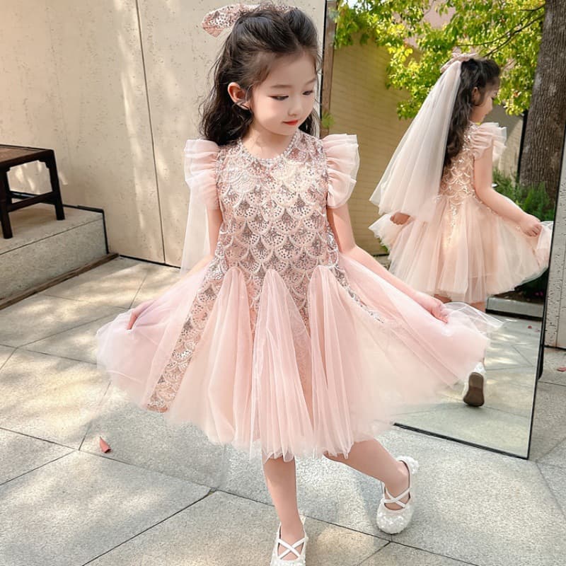 Girls' Flying Sleeve Dress Summer Children's New Fashionable Tulle Dress Gown Princess Style Sequin Cheongsam Dress