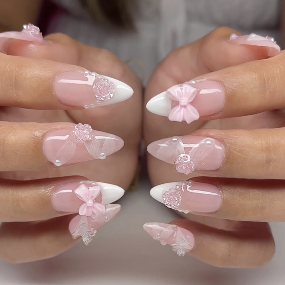 Sweet White 3D Tea Rose Butterfly Knot Pearl Ribbon False Nails Wearable Nail Art Elegant Ladylike Cute Style Available for Export