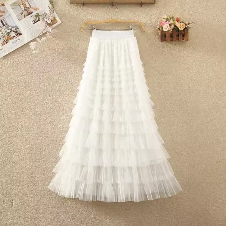 Mesh Skirt Women Summer New High Waist Layered Cake Skirt Patchwork Fairy Ruffled A-Line Long Skirt