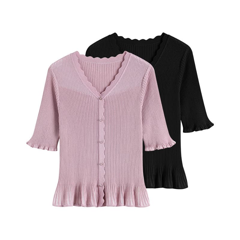 French Wave Collar Short Sleeve Solid Knit Top Women's Summer 2026 New Designer Ruffle Sleeve Elegant Top