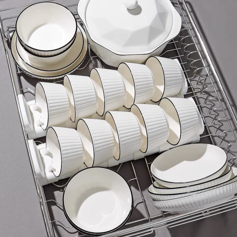 Home Vertical Stripe Non-Slip Minimalist Light Luxury Bowl Plate Noodle Soup Bowl Fish Plate Ceramic Tableware Set Dish Free Combination Gift