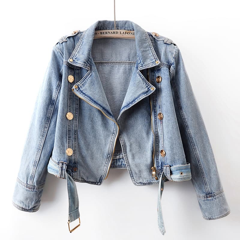 Spring New Design High Waist Zipper Long Sleeve Denim Jacket Women Short Loose Top Motorcycle Jacket