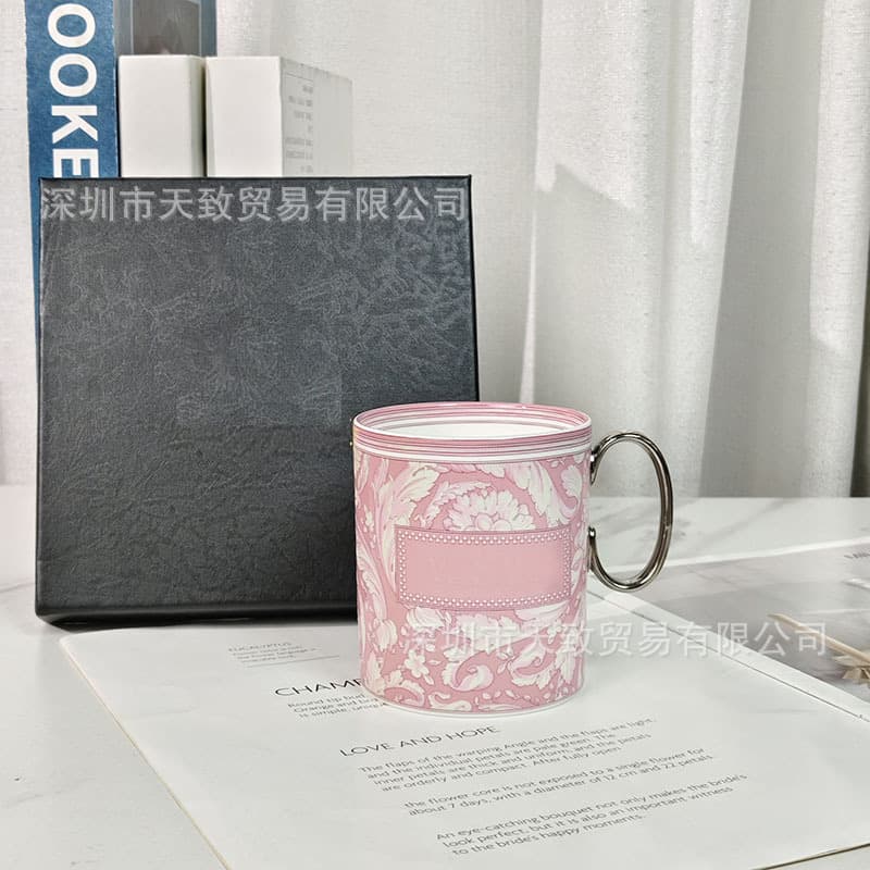 Cross-border High-end Aesthetic Light Luxury Ceramic Cup, Fanjia Baroque Pink Bone China Mug, Gift Box Set for Birthday and Gifting