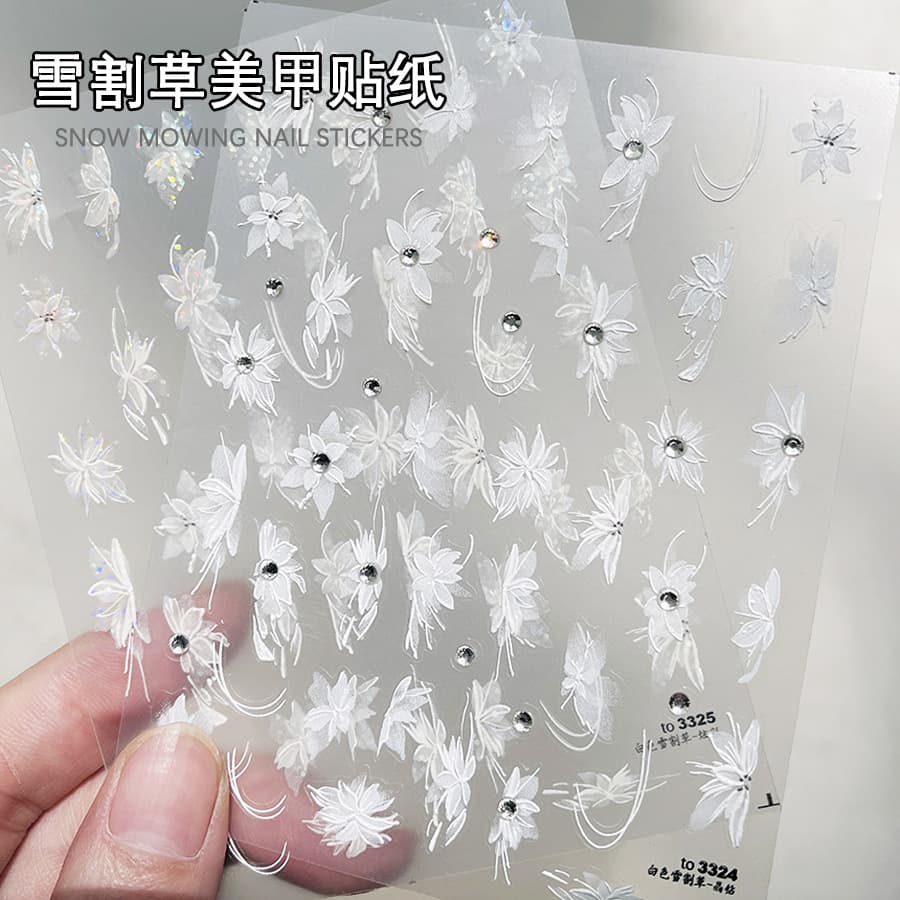 Tomoni White Snowdrop Nail Art Stickers, Shimmering Elegant Crystal White Semi-Transparent Flowers, Thin and Flexible Nail Wraps