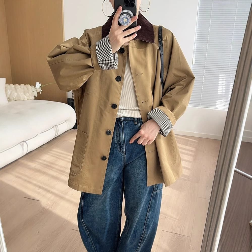 Vintage Corduroy Collar Contrast Stitch Twill Cotton Loose Trench Coat Khaki Women's British Style