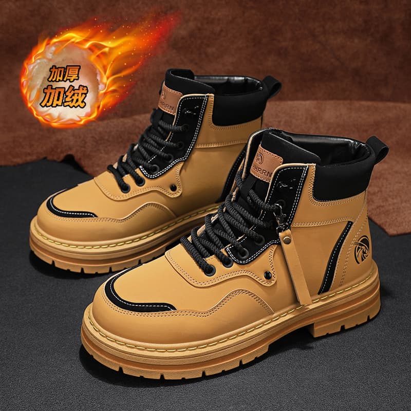 Men's winter cotton boots, high-top Martin boots, European and American style, light luxury, warm, high-quality winter work boots, men's yellow boots