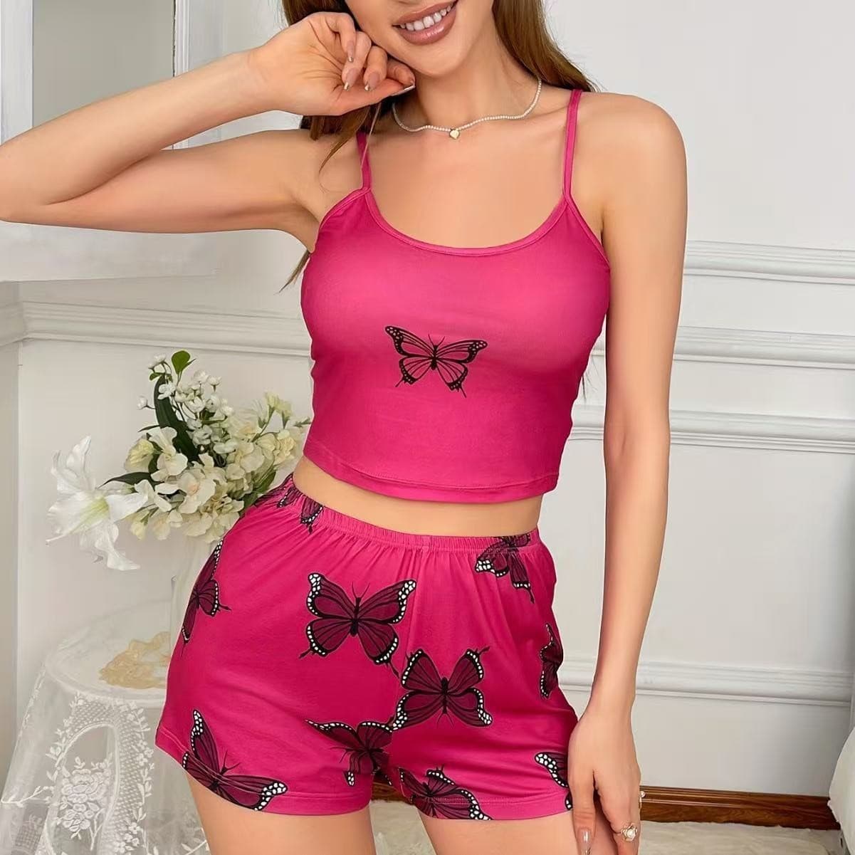 European and American Cross-Border Set Summer Camisole Shorts Milk Silk Butterfly Lingerie Women's Homewear Pajamas