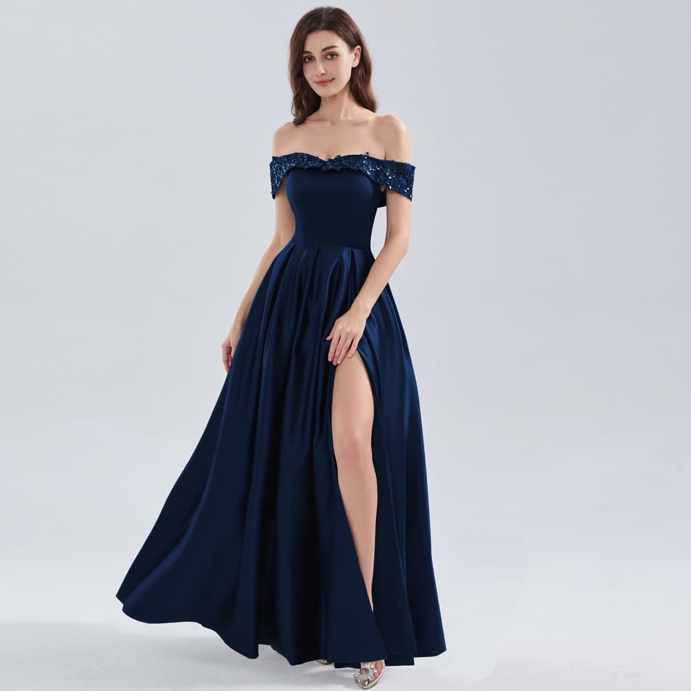 Cross-border European and American One-Shoulder Satin Banquet Evening Gown, Light Luxury Niche Embroidered Lace Split Dress Long Dress