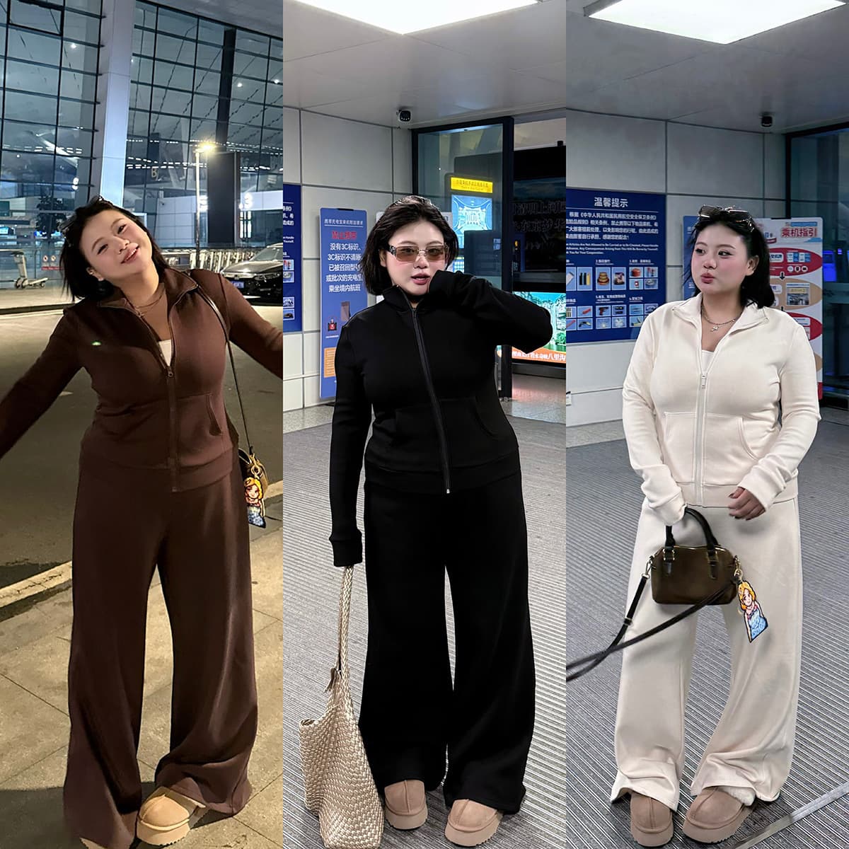 Global Flower [Lazy Travel] Plus Size Loose Fit Fleece-Lined Sports Casual Set Slimming Sweatshirt Jacket High-Waist Pants