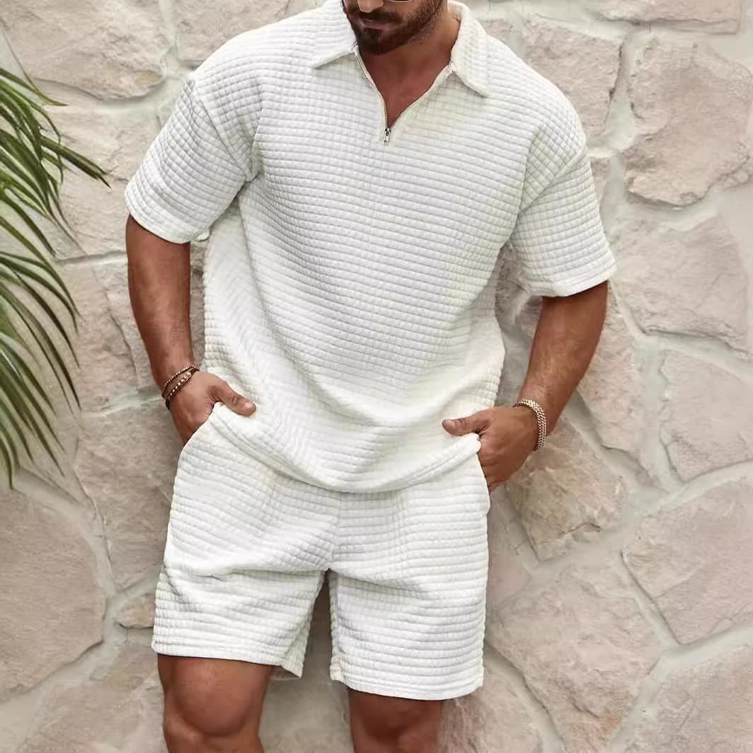 2024 Summer New Foreign Trade Men's Casual Trendy Fashion Comfortable Waffle Solid Color Lapel Shirt Sports Set