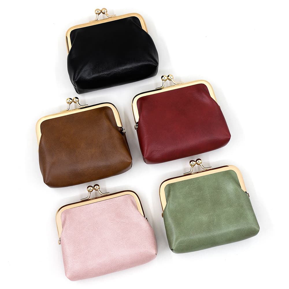 Retro oil leather iron clip coin purse large capacity light gold clip edge candy color mini hand coin purse