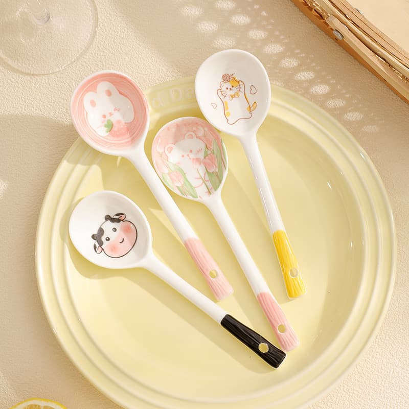 Ceramic Cute Cartoon Spoon Japanese Rice Spoon Trendy Strawberry Dinosaur Long Handle Spoon High Appearance Soup Spoon for Home