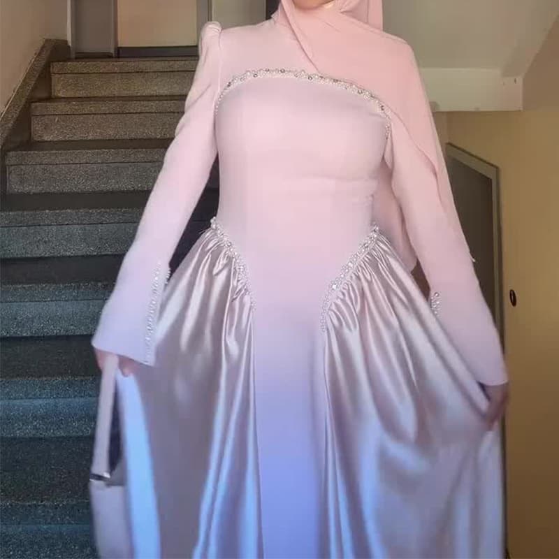 2026 New European and American Amazon Cross-Border Foreign Trade Women's Pink Long-Sleeved Diamond-Beaded Gentle Dress Long Skirt