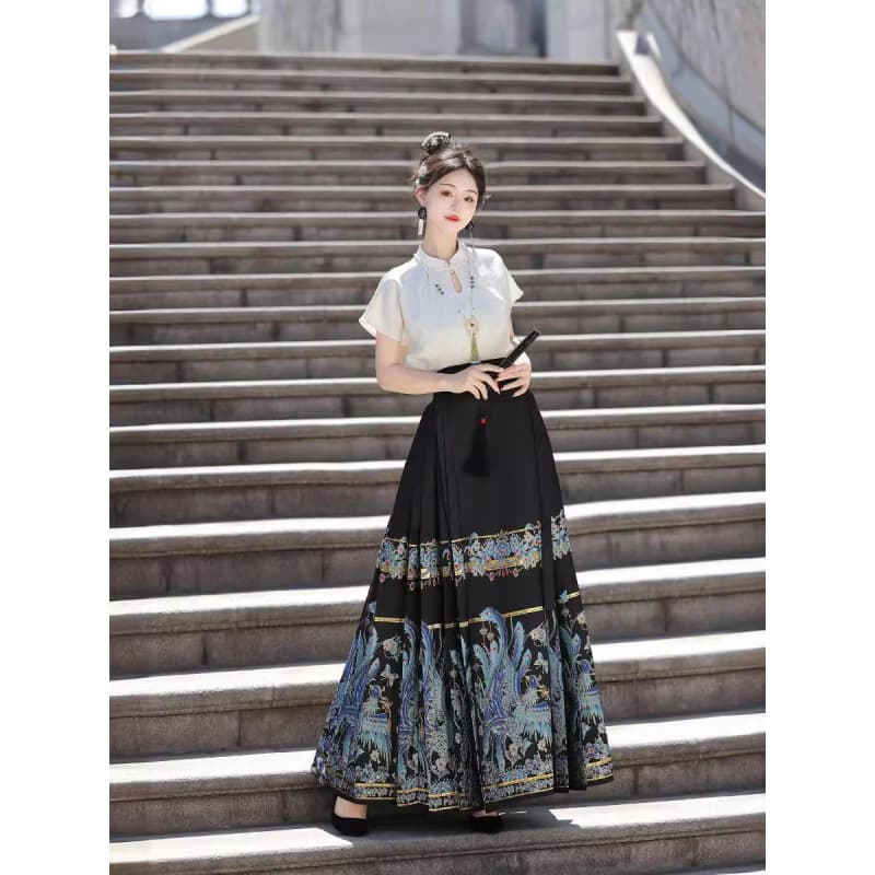 Imitation Kingfisher Feather Phoenix Horse-Face Skirt with Gold-Woven Embroidered Hanfu Set, 2024 New Style Traditional Chinese Long Skirt