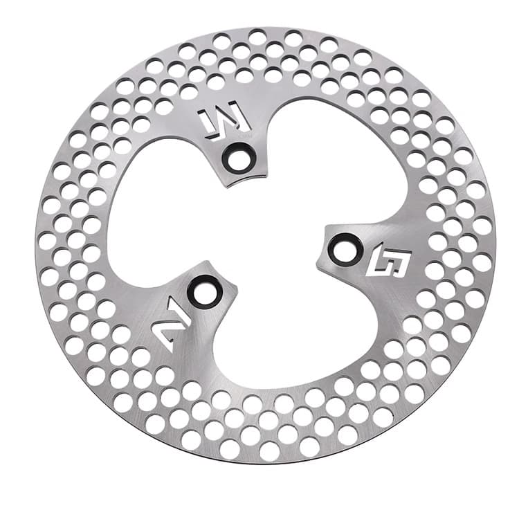 Electric motorcycle/electric vehicle modification: disc brakes cut with multiple cooling holes, producing an ultra-loud airplane sound, 220/200MBS front and rear brake discs.