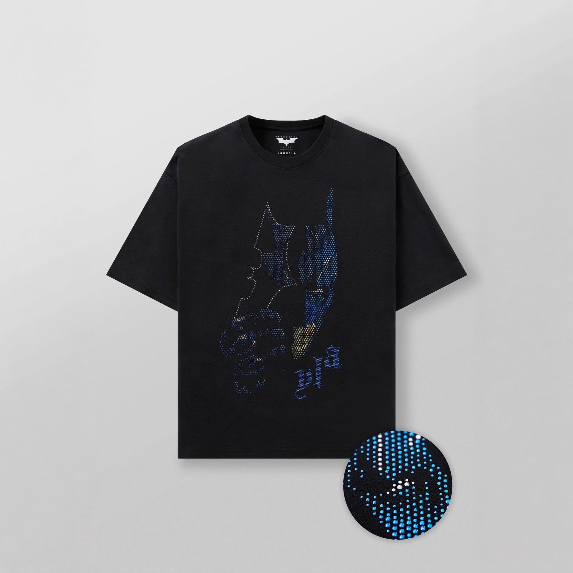 YOUNGLA x Batman Men's Oversized T-Shirt Rhinestone Embellished Cotton Loose Fit Casual Trendy Short Sleeve