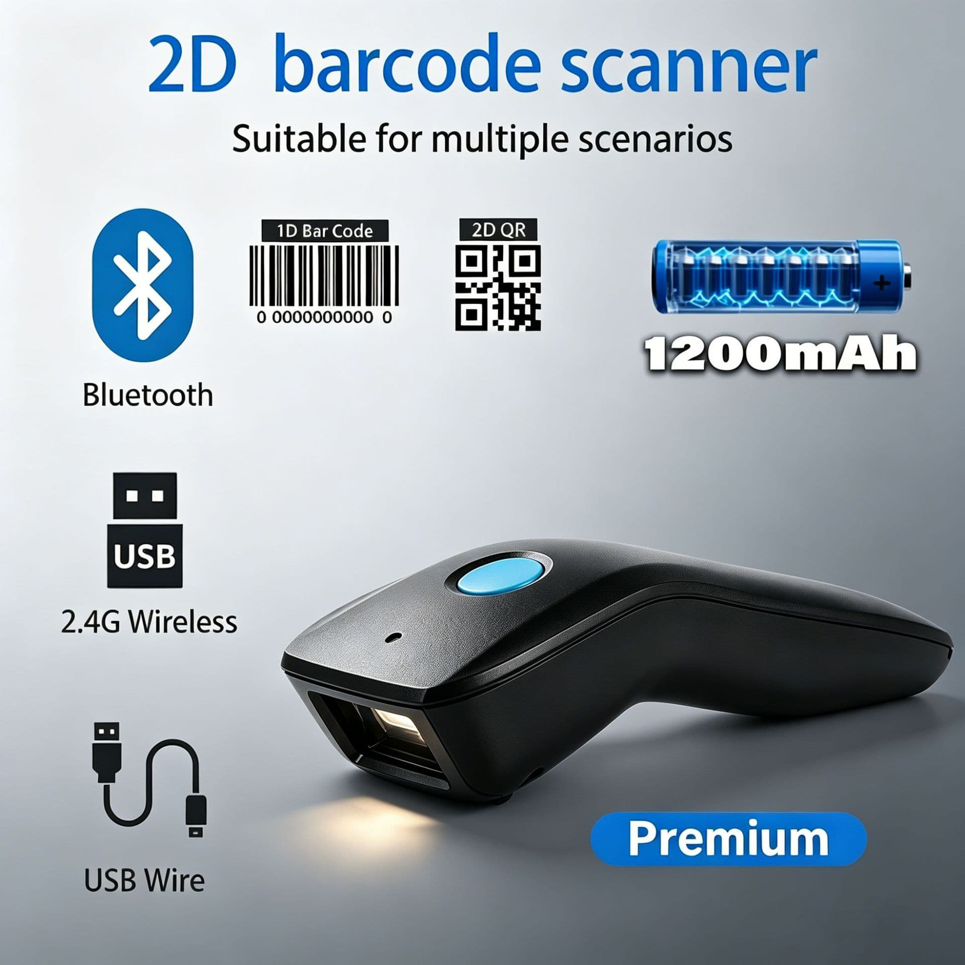 Bluetooth Barcode Scanner 2D QR Code Scanner for Supermarket Logistics Express QR Scanner for Export