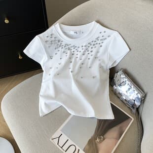 Actual Photo Summer Sexy Hot Girl Sparkly Rhinestone Ribbed Short Sleeve Square Shoulder T-Shirt Women's Cropped Crop Top White