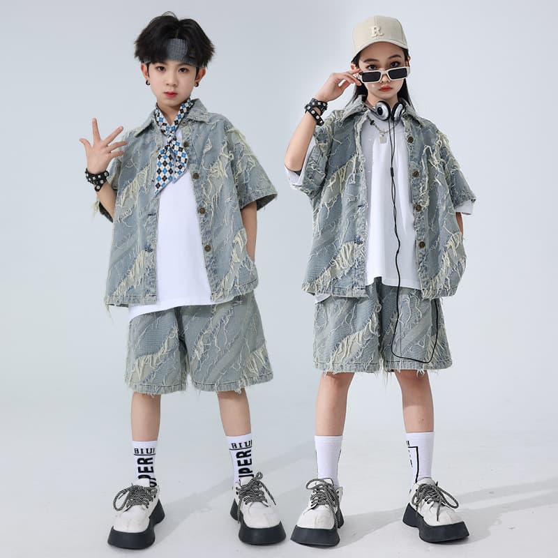 Children's Street Dance Trendy Outfit Boys' Denim Vest Set Girls' Hip-Hop Streetwear Kids' Summer Hip-Hop Performance Clothing