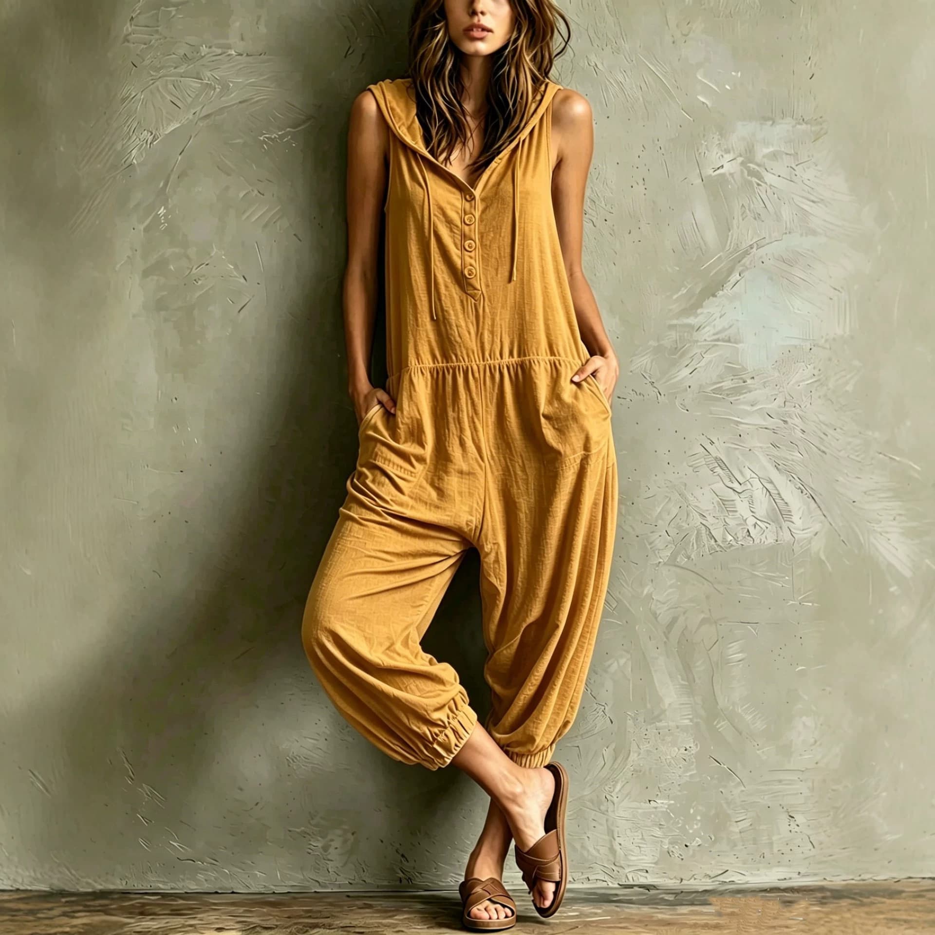 European and American Export 2026 Summer Sleeveless Hooded Jumpsuit Loose Drawstring Elastic Cuff Casual Pocket Vest Jumpsuit for Women