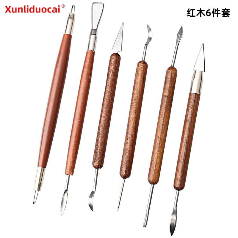 Spot 6-Piece Set Mahogany Clay Carving Tools Pottery Tools Wooden Handle Double-Sided Pottery Sculpture Set