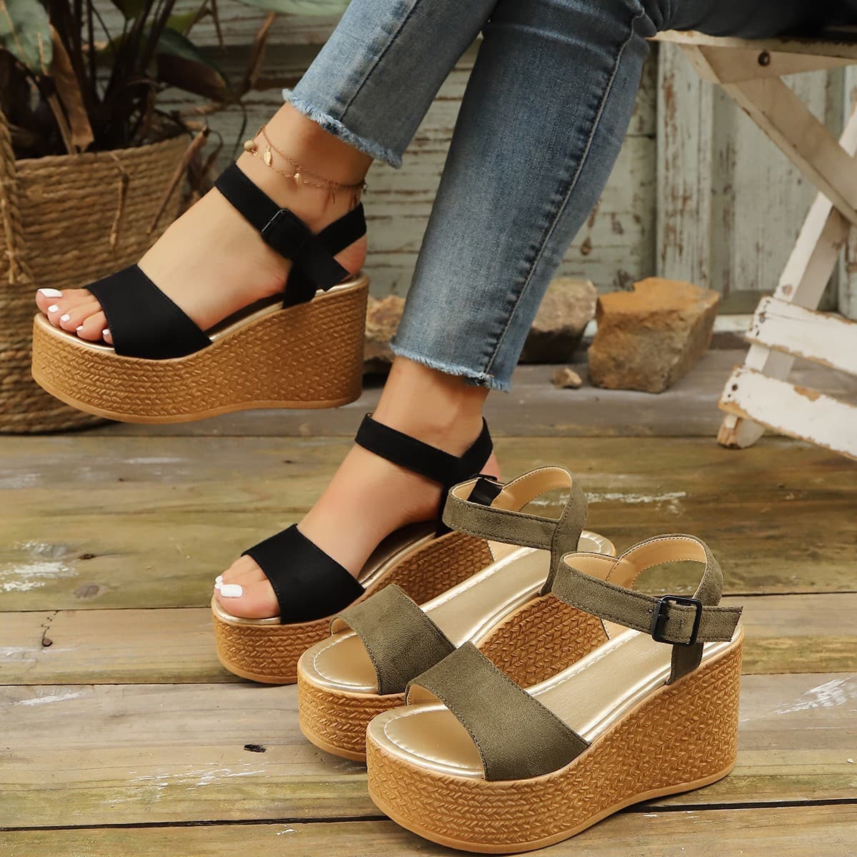 New Cross-Border Women's Summer Wedge Sandals Thick-Soled One-Strap Roman Style Rope Sole Fashion Versatile Women's Shoes