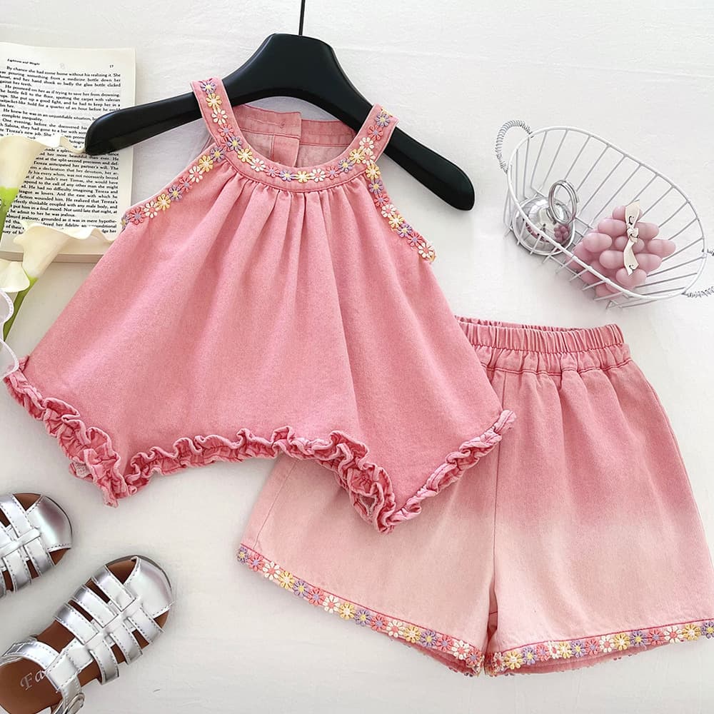 Girls' Soft Denim Set Lightweight 2026 Summer New Lace Halter Top Bow Shorts Two-Piece Set Trendy