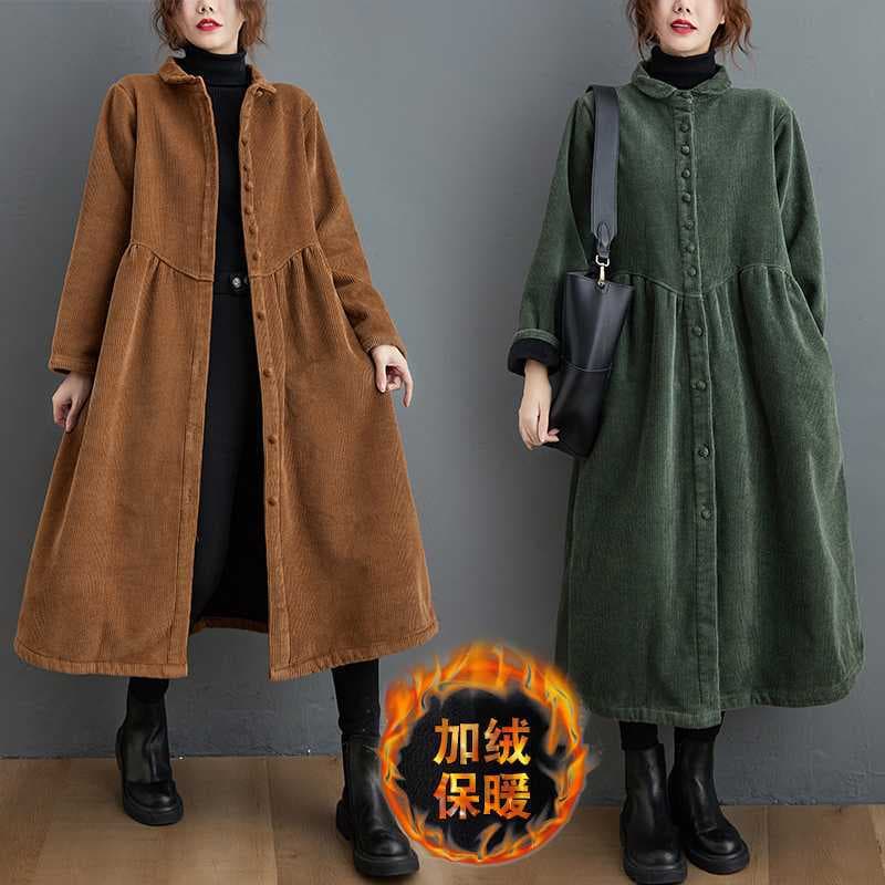 Real Shot 2024 Autumn/Winter Fleece-Lined Long Sleeve Retro Artistic Loose Corduroy Casual Jacket for Women