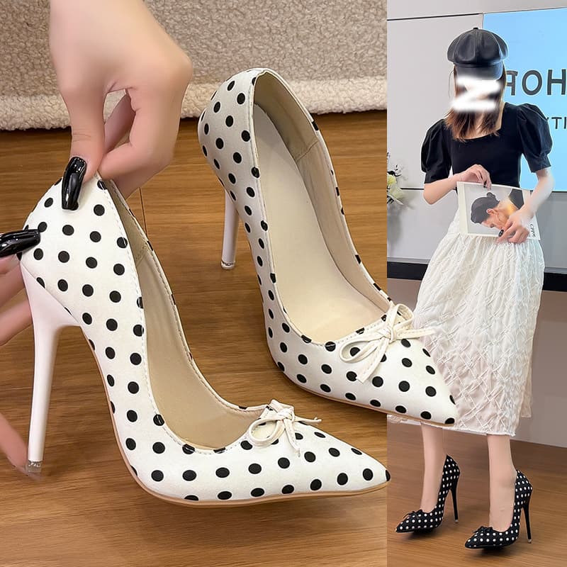 35-46 Large Size Polka Dot High Heels Women 12cm Stiletto Elegant Ballet Flats Fashion Bow Office Shoes