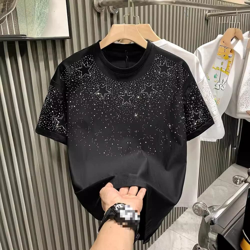 European Fashion Trendy Men's T-Shirt Short Sleeve Star Rhinestone Net Celebrity Niche Half Sleeve Straight Cut