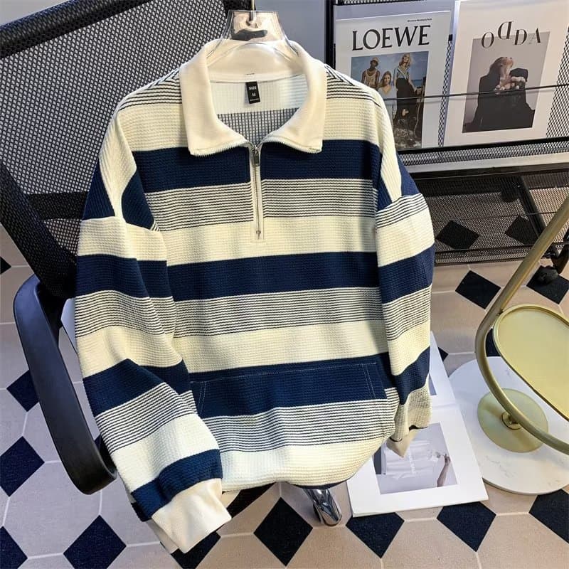 2025 Half-Zip Stand Collar Sweatshirt American Retro Streetwear Striped Loose Couple Autumn Long-Sleeve Casual Jacket
