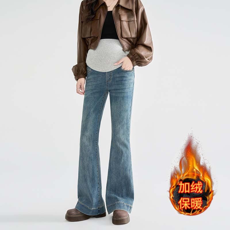 Maternity Jeans Fall/Winter New Arrival Fleece-Lined Thickened Slim Flare Leg Pants Bell-Bottom Long Pants Versatile Belly Support Fashion
