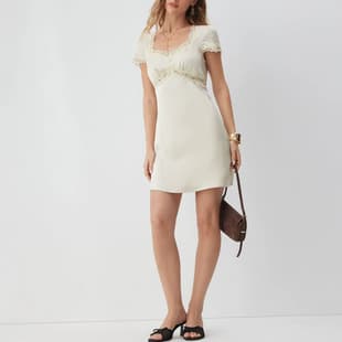 Cross-border Export 2026 Spring/Autumn New Lace Square Neck Dress Women's Waist-cinching Bodycon Short Sleeve Elegant Short Dress