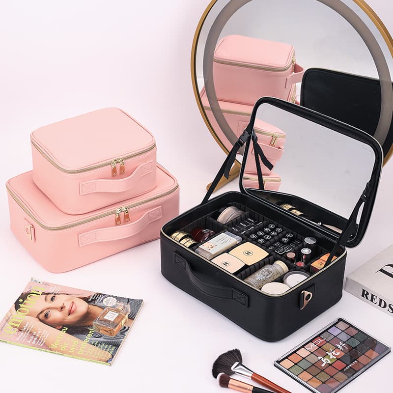 Large Mirror Storage Bag Detachable Makeup Brush Pouch Waterproof Faux Leather Raised Full-Screen Mirror Cosmetic Bag Large Capacity