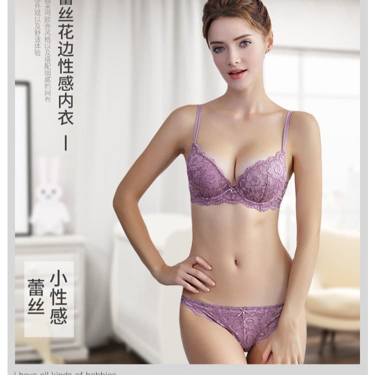 Lace trim, thin upper and thick lower double thin shoulder straps, deep V-neck, push-up women's underwear, sexy lace bra set 15122