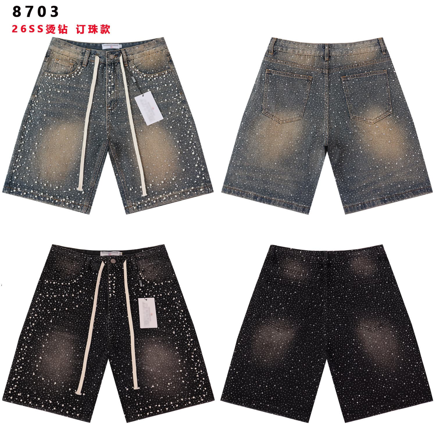 26SS denim shorts ValleyVale high street retro hot diamond beaded loose hot diamond denim shorts men's style