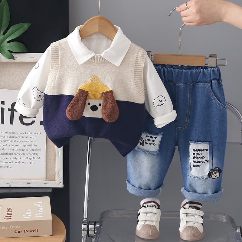 Spring and Autumn New Children's Cartoon Puppy Sweater Three-piece Set Boy's Casual Long Sleeve Suit Baby Fashionable Korean Style Trendy